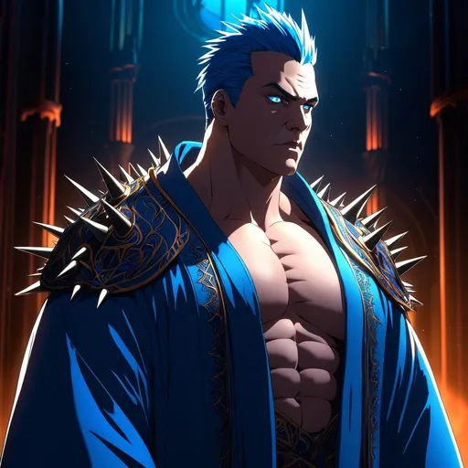 Prompt: Large muscular man, short slicked back spiky blue hair, eclectic blue eyes, robe opened at the chest, digital illustration, vibrant colors, detailed features, fantasy style, dramatic lighting, high quality, digital art, intense gaze, robe design, atmospheric lighting, realistic rendering, high-quality