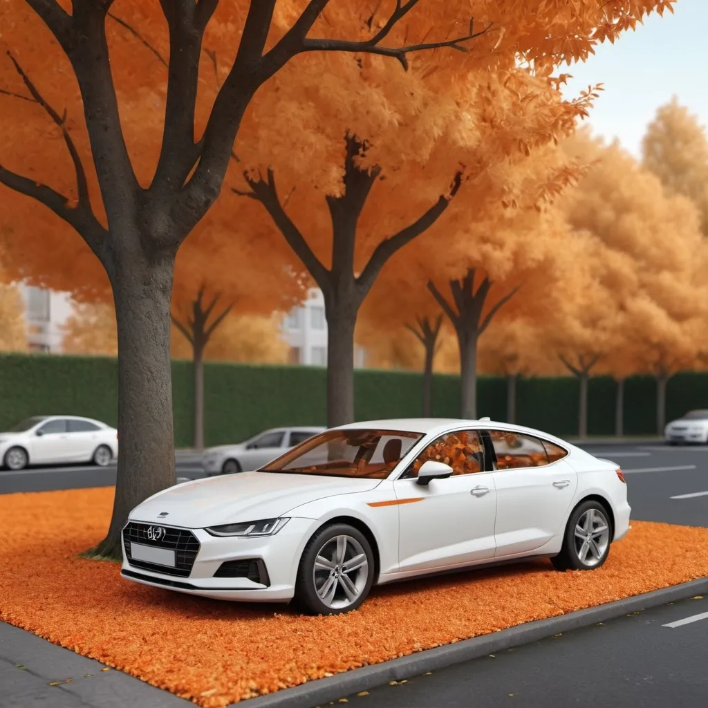 Prompt: a white car parked in a parking lot next to trees and bushes with orange leaves on the ground and a few trees with orange leaves, Cornelisz Hendriksz Vroom, verdadism, detailed, a digital rendering