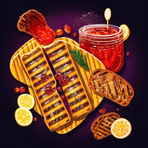 Prompt: Clear advertising illustration of grilled bread with jelly, vibrant and inviting visuals, high quality, realistic, appetizing, colorful, commercial art style, warm tones, natural lighting, crispy texture, juicy fruit jelly, detailed and mouthwatering, tempting, delicious, glossy finish