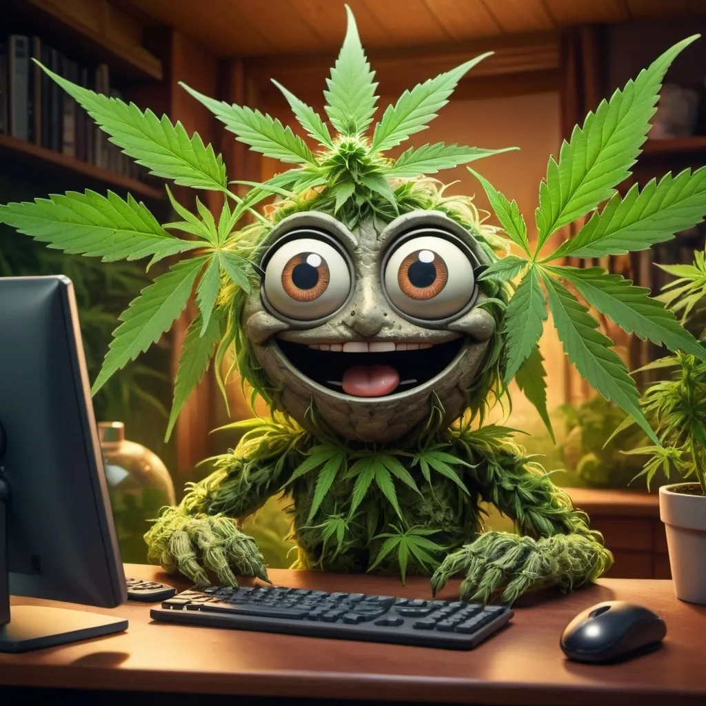 Prompt: Generate an image of a cannabis plant with anthropomorphic features, such as eyes and a mouth, giving it a friendly and expressive appearance, while smoking and sitting in from of a computer 