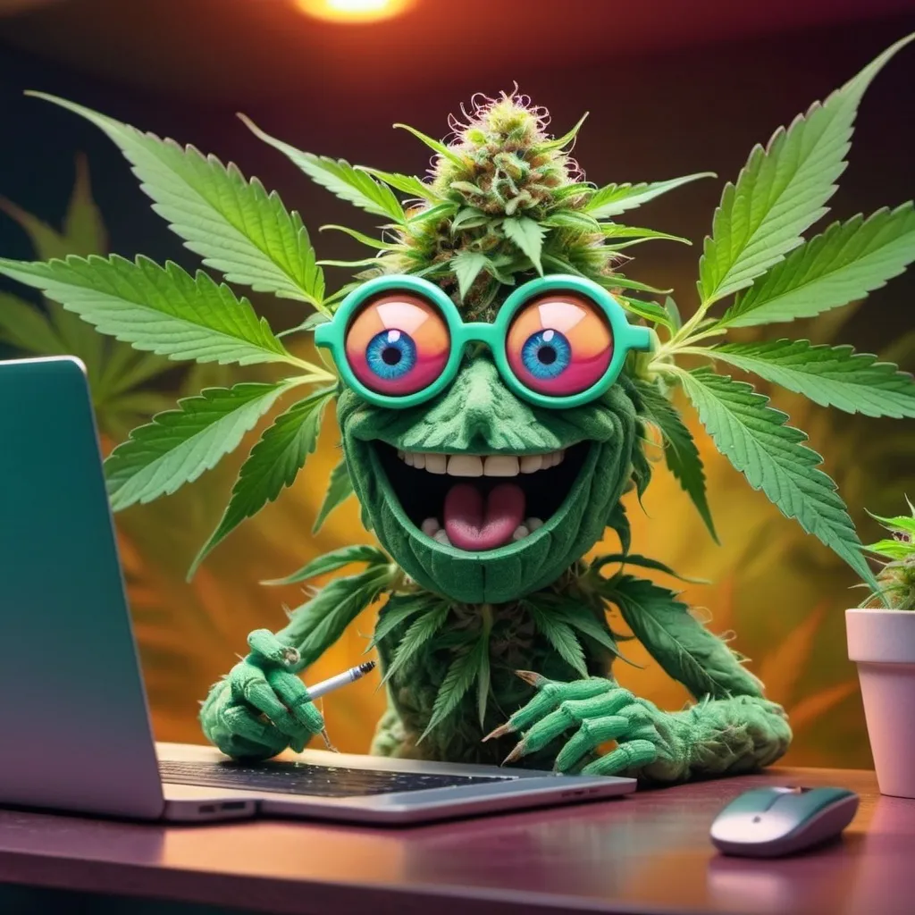 Prompt: Generate an image of a cannabis plant with anthropomorphic features, including eyes and a mouth, depicted smoking while sitting in front of a laptop, creating a whimsical and tech-savvy scene