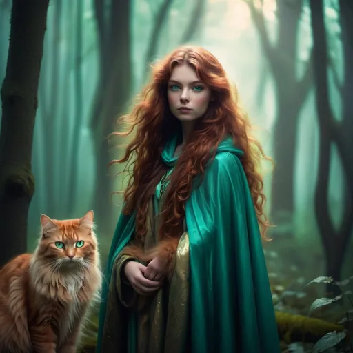 Prompt: "A young woman with long, curly dark red hair and large glowing green eyes stands tall in a misty forest. Her turquoise cloak flows gently in the wind, and her pale skin contrasts with the ethereal glow surrounding her. She holds a golden long-haired tabby cat with extra-large green eyes that blink slowly, its fur rippling softly. The scene is filled with a magical ambiance, with glowing orbs floating around them, mist swirling in the background, and subtle pulsating light emanating from the woman's eyes. Her hair moves with an unseen breeze, adding to the sense of mystery and enchantment."