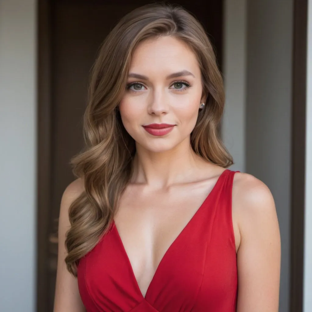 Prompt: a out Standly gorgeous woman beautiful with light brown hair is posing for a picture she is wearing a red dress