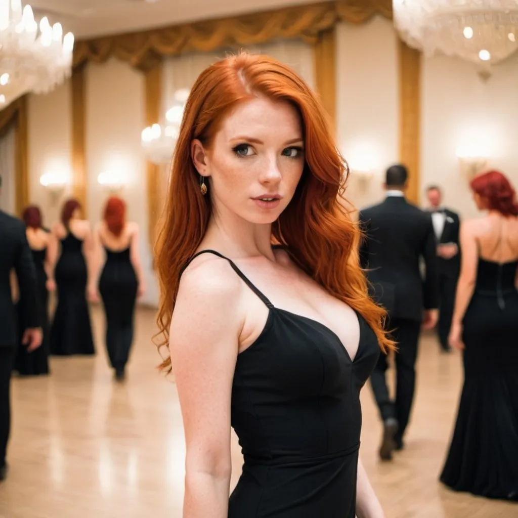 hot red head wearing a black dress in a ballroom