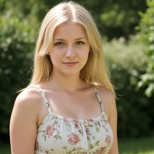 Prompt: A very out Standly beautiful blonde girl in a sundress about 20 to 30 years of age