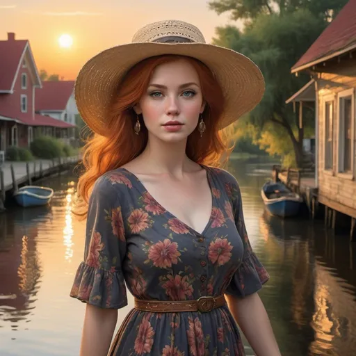 Prompt: In a quaint southern town nestled along the banks of a winding river, a mysterious woman known as Delta Dawn walks along the cobblestone streets. She's dressed in a vintage floral dress and a wide-brimmed hat, her attire reflecting a bygone era.

Her face is etched with wisdom and longing, her eyes scanning the horizon as if searching for something or someone. Despite the passage of time, there's a timeless beauty and grace about her.

Around her, the town comes to life with vibrant colors and bustling activity. Local shops display their wares, musicians play on street corners, and children playfully chase each other, adding to the charm of the scene.

In the distance, the sun sets over the river, casting a warm, golden glow over the landscape. Birds sing in the trees, and the gentle hum of conversation fills the air.

The scene captures the essence of "Delta Dawn," a song filled with mystery, nostalgia, and a touch of sadness. It paints a vivid picture of a woman who's become a legend in her own right, wandering the delta in search of love and belonging.
Make her a red head. She has white skin. she is very pretty you can see her full beautiful curvaceous figure