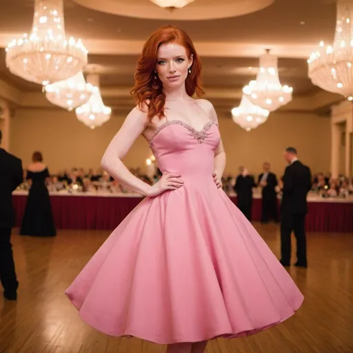 Prompt: out Standly gorgeous red head wearing a pink dress in a ballroom