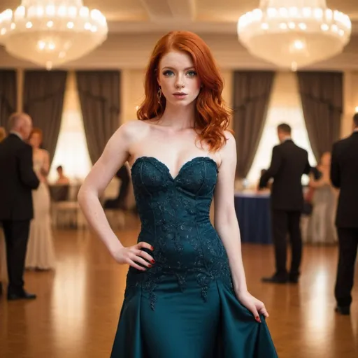 Prompt: out Standly gorgeous red head wearing a  dress in a ballroom