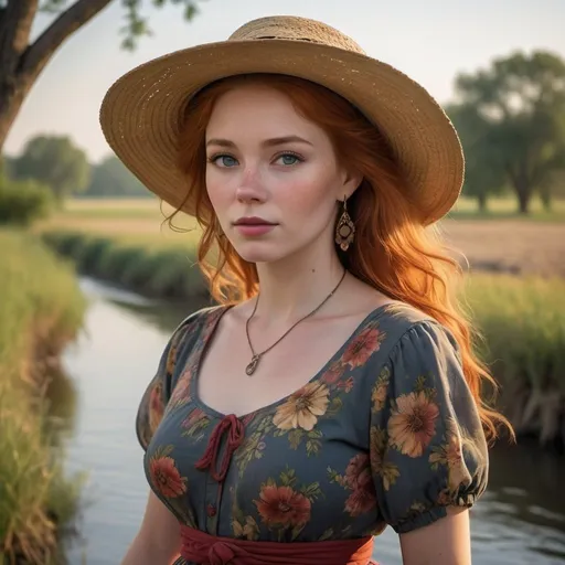 Prompt: In a quaint southern town nestled along the banks of a winding river, a mysterious woman known as Delta Dawn walks along the cobblestone streets. She's dressed in a vintage floral dress and a wide-brimmed hat, her attire reflecting a bygone era.

Her face is etched with wisdom and longing, her eyes scanning the horizon as if searching for something or someone. Despite the passage of time, there's a timeless beauty and grace about her.

Around her, the town comes to life with vibrant colors and bustling activity. Local shops display their wares, musicians play on street corners, and children playfully chase each other, adding to the charm of the scene.

In the distance, the sun sets over the river, casting a warm, golden glow over the landscape. Birds sing in the trees, and the gentle hum of conversation fills the air.

The scene captures the essence of "Delta Dawn," a song filled with mystery, nostalgia, and a touch of sadness. It paints a vivid picture of a woman who's become a legend in her own right, wandering the delta in search of love and belonging.
Make her a red head. She has white skin. she is very pretty  you can see her full figure