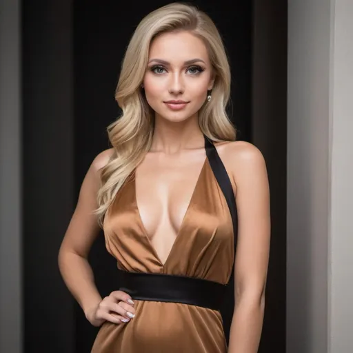 Prompt: a out Standly gorgeous woman beautiful with blonde is posing for a picture she is wearing darker color dress dress