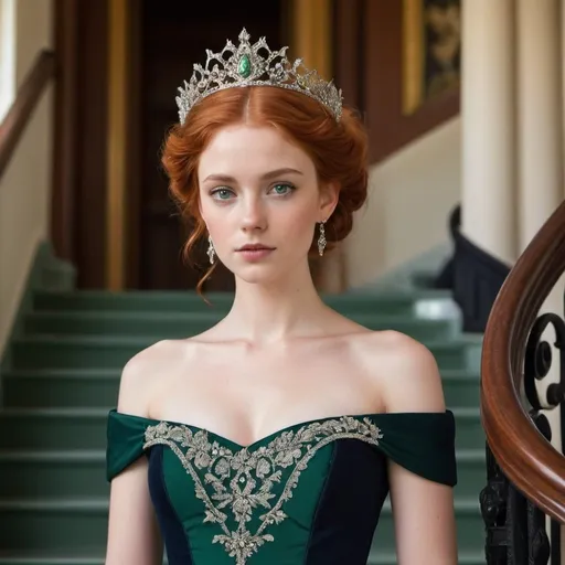 Prompt: A portrayal of a regal looking young woman in her early twenties, with red hair, a silver circlet on top of her head, mesmerising green eyes, high cheekbones, fair skin, narrow waist, slim complexion, wearing an elegant dark navy ball gown with intricate embroidered details, standing on a majestic staircase.