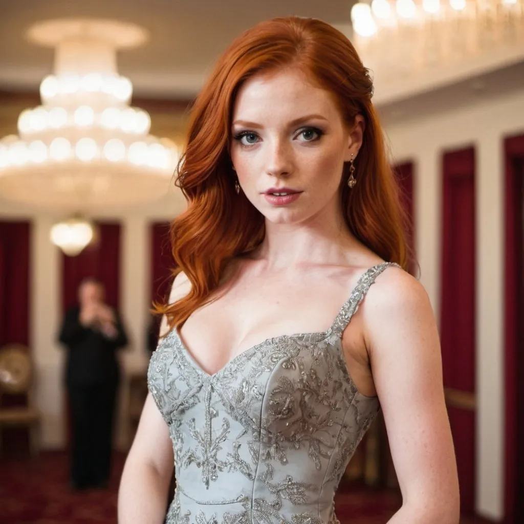 Prompt: out Standly gorgeous red head wearing a  dress in a ballroom