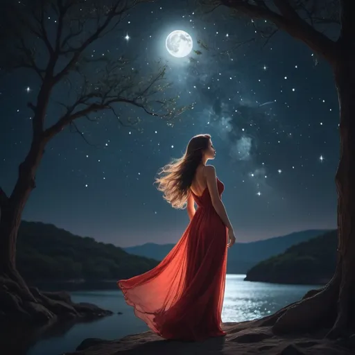 Prompt: In a serene setting beneath a canopy of twinkling stars, a beautiful woman stands illuminated by the soft glow of the moonlight. Her silhouette is striking against the dark night sky, creating a captivating contrast that accentuates her elegance and grace. She has flowing hair that seems to shimmer and dance in the gentle night breeze, reflecting the subtle light of the stars above. Her eyes sparkle with a mysterious allure, mirroring the constellations that dot the sky. Her attire is simple yet elegant, a flowing dress that seems to mimic the movement of the night sky itself. It billows gently around her as she stands, creating a dreamlike aura that adds to her ethereal beauty. As she gazes up at the stars, a sense of wonder and awe fills her expression. Her connection to the universe is palpable, as if she holds a secret understanding of the mysteries of the cosmos. Surrounded by the beauty of the night sky, this woman embodies the timeless allure of the heavens. Her presence is both calming and enchanting, making her a mesmerizing focal point against the backdrop of the starry night. The night has a blood moon feel. It is red in color. she is very pretty you can see her full beautiful curvaceous figure
