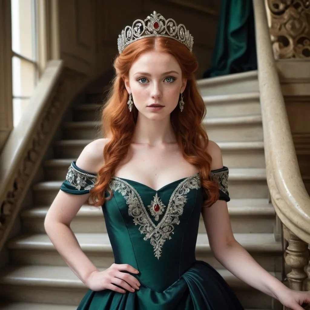 Prompt: A portrayal of a regal looking young woman in her early twenties, with red hair, a silver circlet on top of her head, mesmerising green eyes, high cheekbones, fair skin, narrow waist, slim complexion, wearing an elegant dark navy ball gown with intricate embroidered details, standing on a majestic staircase.