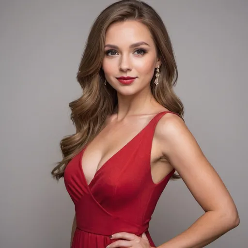 Prompt: a out Standly gorgeous woman beautiful with light brown hair is posing for a picture she is wearing a red dress