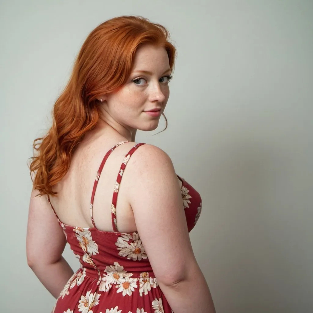 Prompt: A very out Standly curvaceous beautiful red headed  girl in a sundress about 20 to 30 years of age. She is standing looking over her shoulder