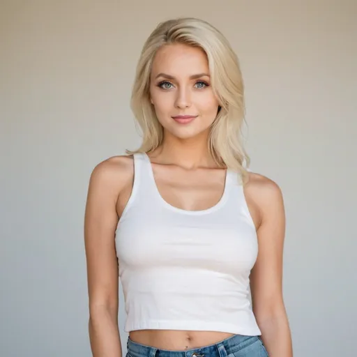 Prompt: a out Standly gorgeous woman beautiful with blonde is posing for a picture she is wearing a mini shirt and tank top