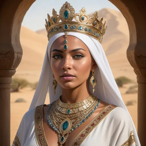 Prompt: In the heart of a Middle Eastern kingdom, where the desert winds whisper ancient tales and the golden sun bathes the land in warmth, reigns a queen of unmatched beauty and grace.

Her presence is a vision of regal elegance, commanding attention with every step she takes. Tall and statuesque, she moves with the grace of a desert gazelle, her movements fluid and deliberate.

Adorned in garments of exquisite craftsmanship, she wears flowing robes of rich fabrics, intricately embroidered with patterns that tell the stories of her people and their rich cultural heritage. Jewels of the finest quality adorn her person, sparkling in the sunlight and adding to her radiant allure.

Her skin, kissed by the sun and glowing with a natural luminosity, bears the subtle markings of her noble lineage. Her eyes, deep and soulful, reflect the wisdom and compassion that lie within her heart, as well as the strength and resilience that have guided her reign.

Around her neck, she wears a necklace of precious stones, each one a symbol of her power and authority. In her hands, she holds a scepter, a symbol of her rule and her commitment to the prosperity and well-being of her kingdom.

As she addresses her subjects with words of wisdom and kindness, her voice carries the weight of authority and compassion. She is a beacon of hope and inspiration to her people, guiding them with grace and dignity through times of triumph and adversity alike.

In the hearts of her subjects, she is revered as a symbol of strength, beauty, and wisdom. She is not just a queen, but a beloved leader and a cherished guardian of her people's hopes and dreams. She is the embodiment of the enduring spirit and timeless beauty of the Middle East.

she is holding a dagger that drips with blood









