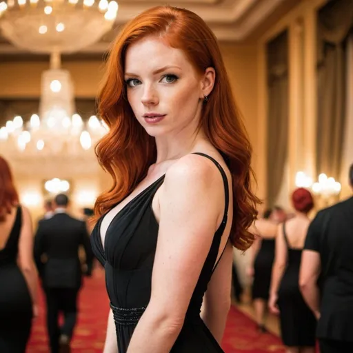 Prompt: hot red head wearing a black dress in a ballroom