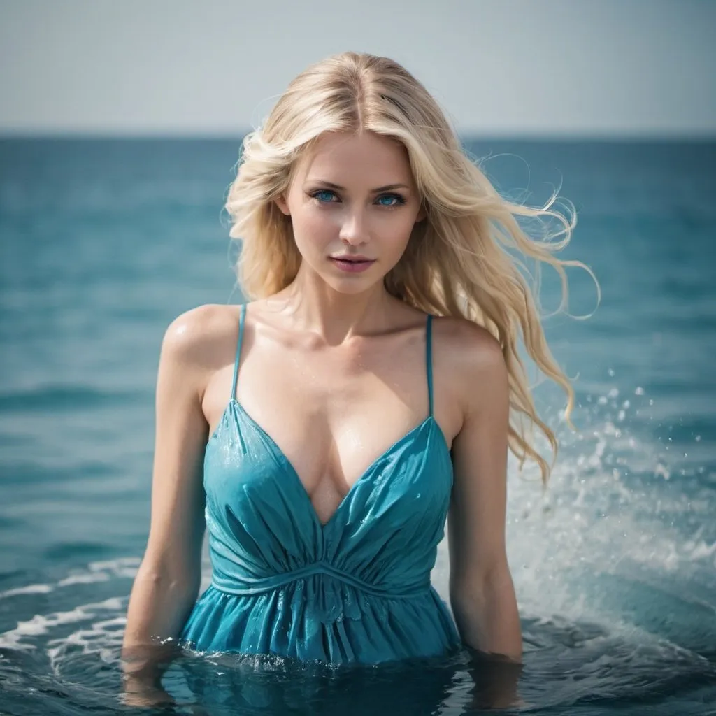 Prompt: A very beautiful blonde women who is completely made of water she has a water blue dress