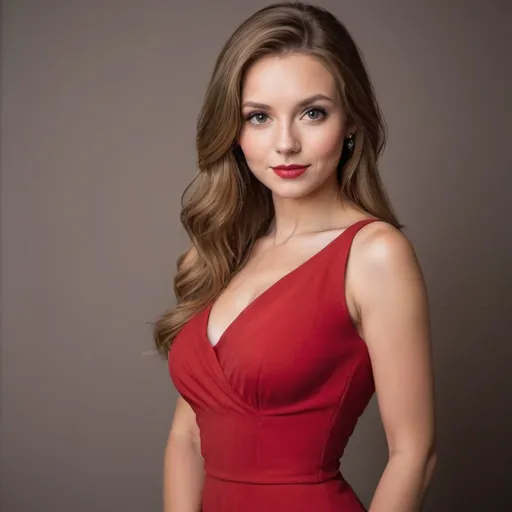 Prompt: a out Standly gorgeous woman beautiful with light brown hair is posing for a picture she is wearing a red dress