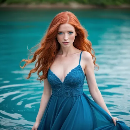 Prompt: A very beautiful red head women who is completely made of blue water she has a water pink dress