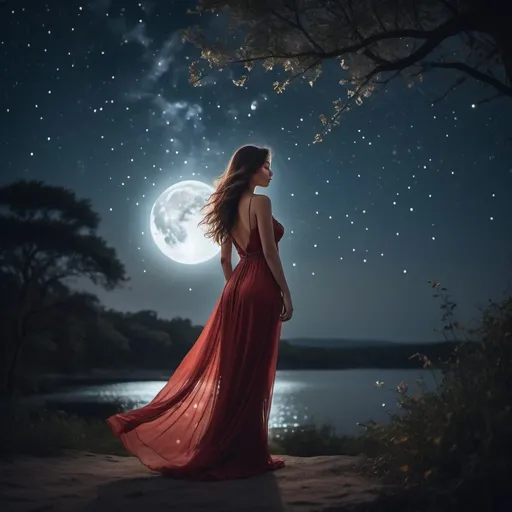 Prompt: In a serene setting beneath a canopy of twinkling stars, a beautiful woman stands illuminated by the soft glow of the moonlight. Her silhouette is striking against the dark night sky, creating a captivating contrast that accentuates her elegance and grace. She has flowing hair that seems to shimmer and dance in the gentle night breeze, reflecting the subtle light of the stars above. Her eyes sparkle with a mysterious allure, mirroring the constellations that dot the sky. Her attire is simple yet elegant, a flowing dress that seems to mimic the movement of the night sky itself. It billows gently around her as she stands, creating a dreamlike aura that adds to her ethereal beauty. As she gazes up at the stars, a sense of wonder and awe fills her expression. Her connection to the universe is palpable, as if she holds a secret understanding of the mysteries of the cosmos. Surrounded by the beauty of the night sky, this woman embodies the timeless allure of the heavens. Her presence is both calming and enchanting, making her a mesmerizing focal point against the backdrop of the starry night. The night has a blood moon feel. It is red in color. she is very pretty you can see her full beautiful curvaceous figure