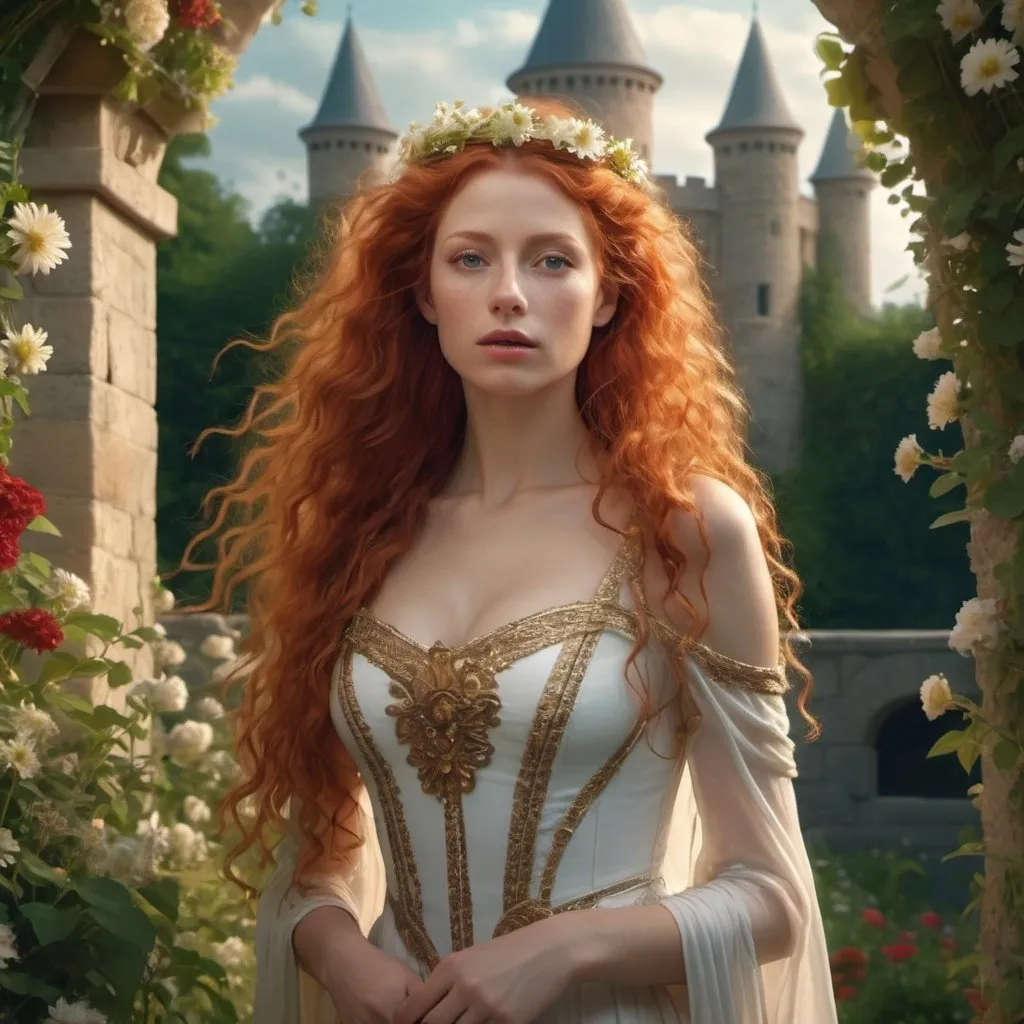 Prompt: HD 4k 3D, hyper realistic, professional modeling, enchanted German Princess - maiden in tower, long curly red hair, beautiful, magical, high fantasy background, tower covered in flowers and garden, detailed, highly realistic woman, elegant, ethereal, mythical, Greek goddess, surreal lighting, majestic, goddesslike aura, Annie Leibovitz style she is curvaceous