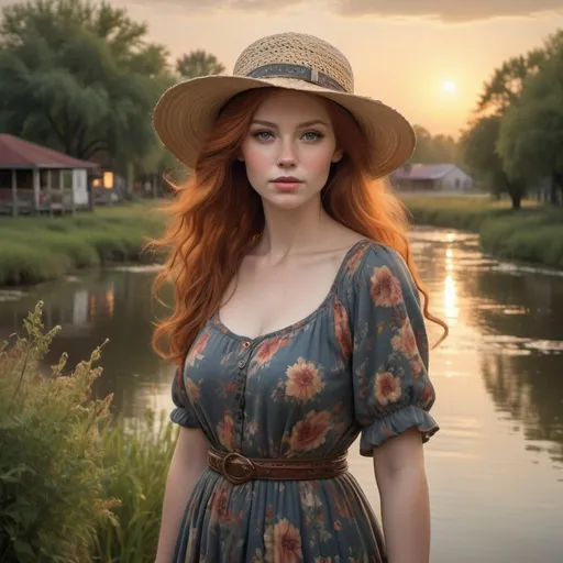 Prompt: In a quaint southern town nestled along the banks of a winding river, a mysterious woman known as Delta Dawn walks along the cobblestone streets. She's dressed in a vintage floral dress and a wide-brimmed hat, her attire reflecting a bygone era.

Her face is etched with wisdom and longing, her eyes scanning the horizon as if searching for something or someone. Despite the passage of time, there's a timeless beauty and grace about her.

Around her, the town comes to life with vibrant colors and bustling activity. Local shops display their wares, musicians play on street corners, and children playfully chase each other, adding to the charm of the scene.

In the distance, the sun sets over the river, casting a warm, golden glow over the landscape. Birds sing in the trees, and the gentle hum of conversation fills the air.

The scene captures the essence of "Delta Dawn," a song filled with mystery, nostalgia, and a touch of sadness. It paints a vivid picture of a woman who's become a legend in her own right, wandering the delta in search of love and belonging.
Make her a red head. She has white skin. she is very pretty you can see her full beautiful curvaceous figure