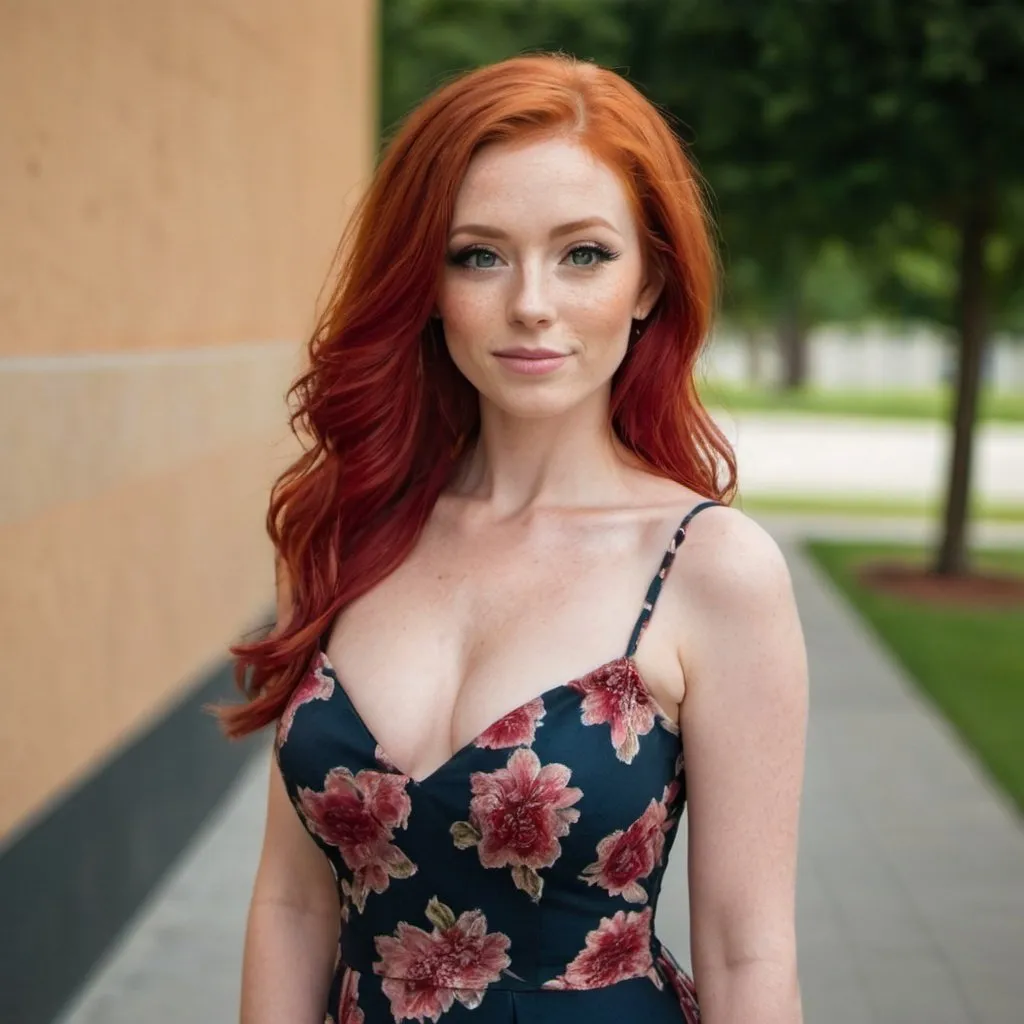 Prompt: a out Standly gorgeous woman beautiful with red hair is posing for a picture she is wearing a dress