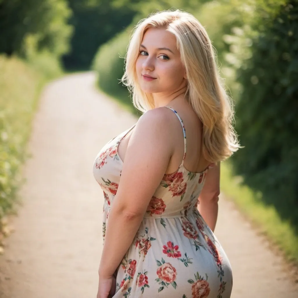 Prompt: A very out Standly curvaceous beautiful blonde girl in a sundress about 20 to 30 years of age. She is standing looking over her shoulder