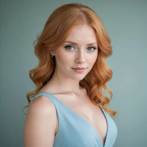Prompt: a out Standly gorgeous woman beautiful with strawberry blonde hair is posing for a picture she is wearing a light blue dress