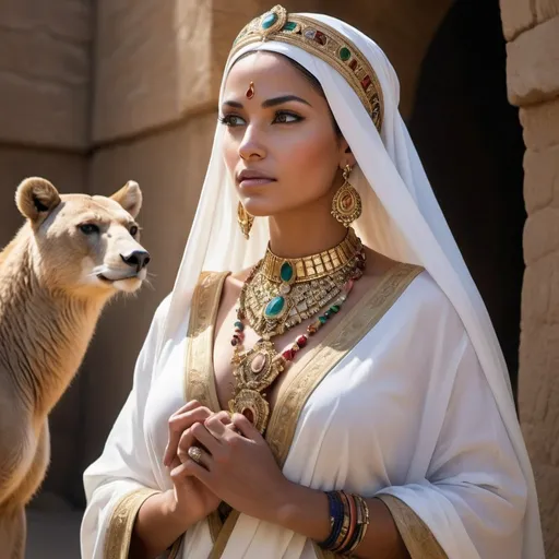 Prompt: In the heart of a Middle Eastern kingdom, where the desert winds whisper ancient tales and the golden sun bathes the land in warmth, reigns a queen of unmatched beauty and grace.

Her presence is a vision of regal elegance, commanding attention with every step she takes. Tall and statuesque, she moves with the grace of a desert gazelle, her movements fluid and deliberate.

Adorned in garments of exquisite craftsmanship, she wears flowing robes of rich fabrics, intricately embroidered with patterns that tell the stories of her people and their rich cultural heritage. Jewels of the finest quality adorn her person, sparkling in the sunlight and adding to her radiant allure.

Her skin, kissed by the sun and glowing with a natural luminosity, bears the subtle markings of her noble lineage. Her eyes, deep and soulful, reflect the wisdom and compassion that lie within her heart, as well as the strength and resilience that have guided her reign.

Around her neck, she wears a necklace of precious stones, each one a symbol of her power and authority. In her hands, she holds a scepter, a symbol of her rule and her commitment to the prosperity and well-being of her kingdom.

As she addresses her subjects with words of wisdom and kindness, her voice carries the weight of authority and compassion. She is a beacon of hope and inspiration to her people, guiding them with grace and dignity through times of triumph and adversity alike.

In the hearts of her subjects, she is revered as a symbol of strength, beauty, and wisdom. She is not just a queen, but a beloved leader and a cherished guardian of her people's hopes and dreams. She is the embodiment of the enduring spirit and timeless beauty of the Middle East.








