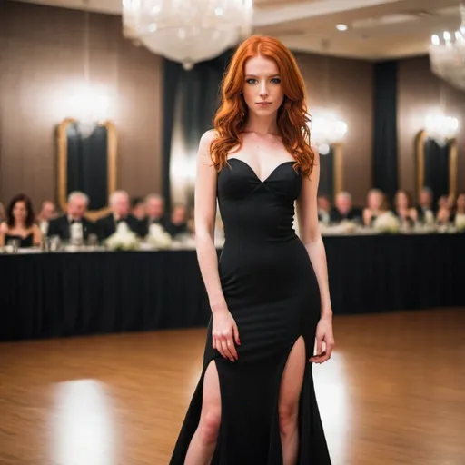 Prompt: hot red head wearing a black dress in a ballroom