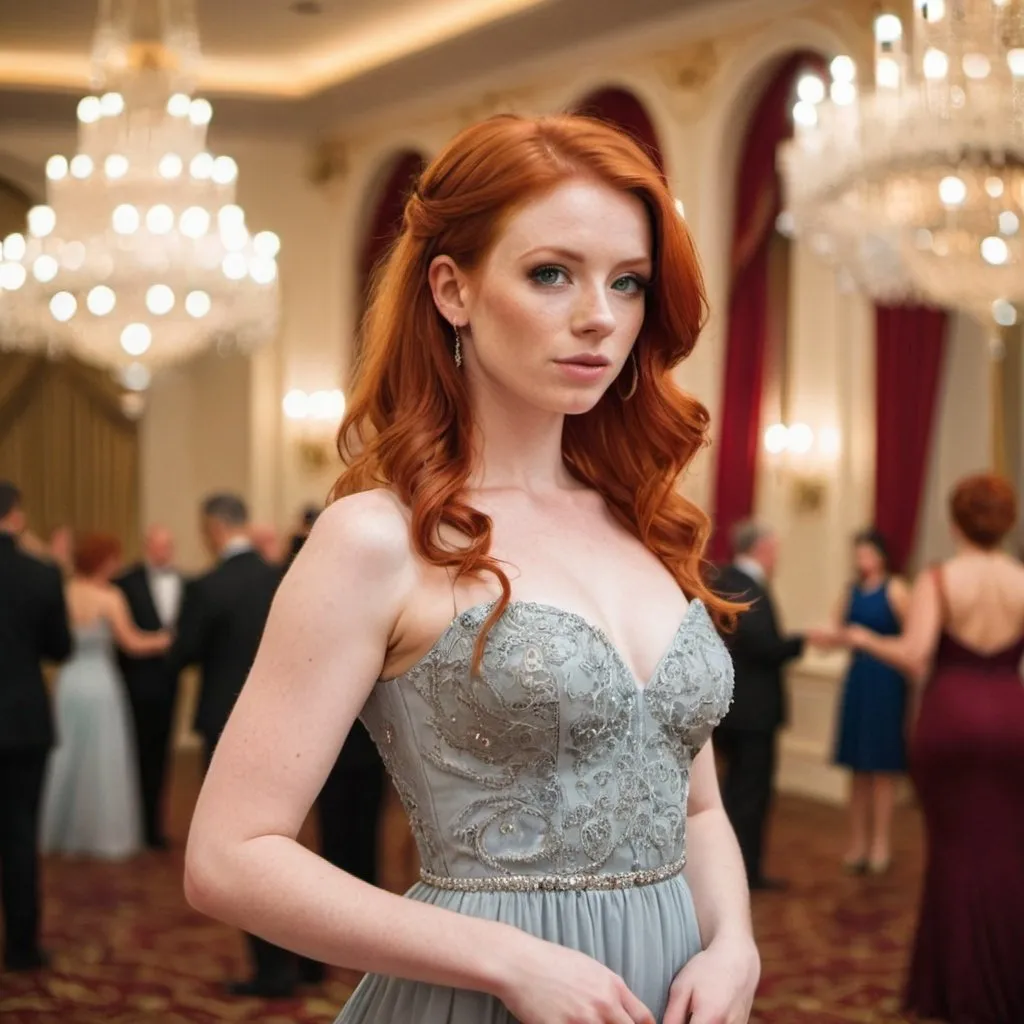 Prompt: out Standly gorgeous red head wearing a  dress in a ballroom