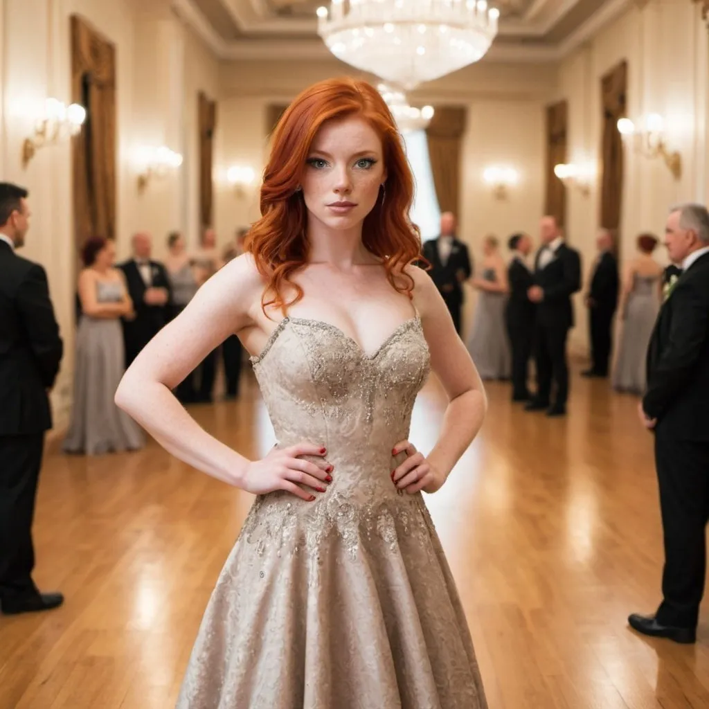 Prompt: out Standly gorgeous red head wearing a  dress in a ballroom