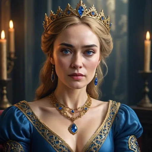 Prompt:  a woman wearing a blue dress and gold jewelry,beautiful fantasy art portrait, beautiful fantasy portrait, portrait cersei lannister sit, elegant cinematic fantasy art, very beautiful fantasy art, beautiful vampire female queen, ((a beautiful fantasy empress)), medieval princess, royal portrait painting, the red queen, beautiful and elegant female elf