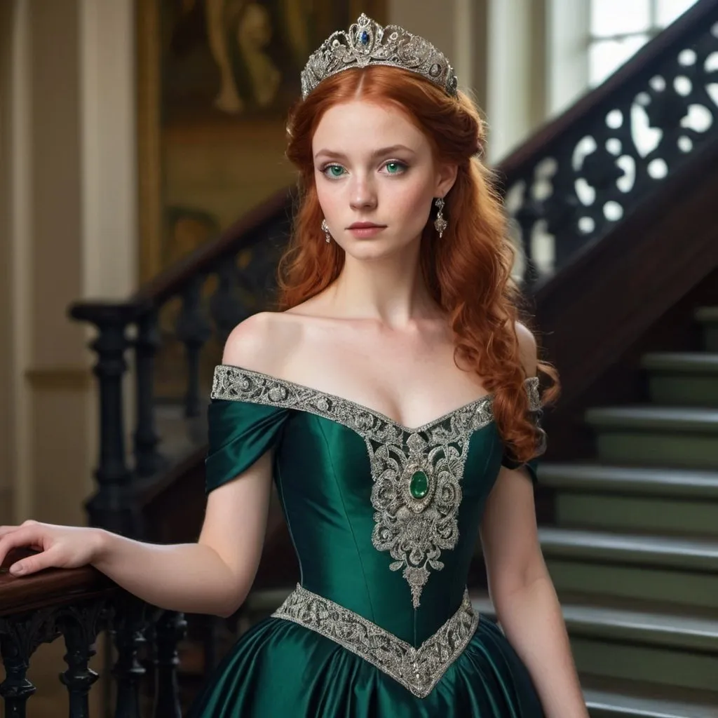 Prompt: A portrayal of a regal looking young woman in her early twenties, with red hair, a silver circlet on top of her head, mesmerising green eyes, high cheekbones, fair skin, narrow waist, slim complexion, wearing an elegant dark navy ball gown with intricate embroidered details, standing on a majestic staircase.