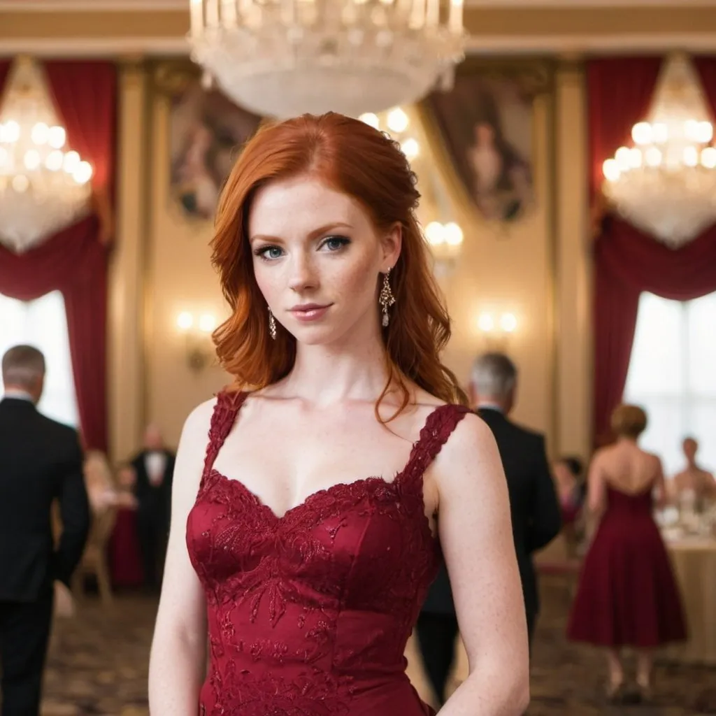 Prompt: out Standly gorgeous red head wearing a  dress in a ballroom