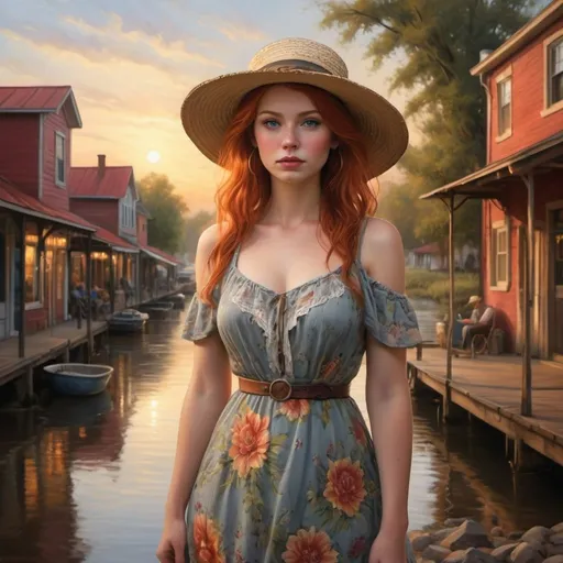 Prompt: In a quaint southern town nestled along the banks of a winding river, a mysterious woman known as Delta Dawn walks along the cobblestone streets. She's dressed in a vintage floral dress and a wide-brimmed hat, her attire reflecting a bygone era.

Her face is etched with wisdom and longing, her eyes scanning the horizon as if searching for something or someone. Despite the passage of time, there's a timeless beauty and grace about her.

Around her, the town comes to life with vibrant colors and bustling activity. Local shops display their wares, musicians play on street corners, and children playfully chase each other, adding to the charm of the scene.

In the distance, the sun sets over the river, casting a warm, golden glow over the landscape. Birds sing in the trees, and the gentle hum of conversation fills the air.

The scene captures the essence of "Delta Dawn," a song filled with mystery, nostalgia, and a touch of sadness. It paints a vivid picture of a woman who's become a legend in her own right, wandering the delta in search of love and belonging.
Make her a red head. She has white skin. she is very pretty you can see her full beautiful curvaceous figure