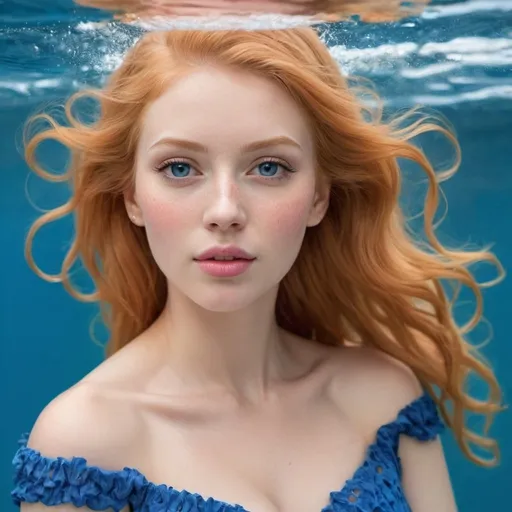 Prompt: A very beautiful strawberry blonde women who is completely made of blue water she has a water pink dress