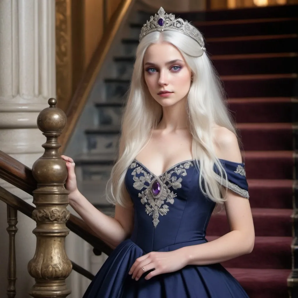 Prompt: A portrayal of a regal looking young woman in her early twenties, with sleek, long white hair, a silver circlet on top of her head, mesmerising violet eyes, high cheekbones, fair skin, narrow waist, slim complexion, wearing an elegant dark navy ball gown with intricate embroidered details, standing on a majestic staircase.