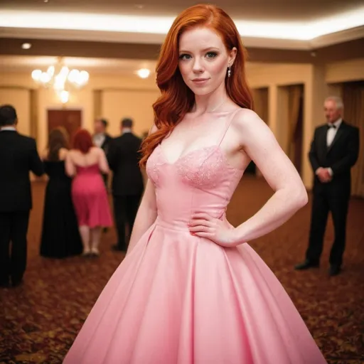 Prompt: out Standly gorgeous red head wearing a pink dress in a ballroom