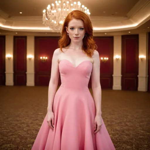 Prompt: out Standly gorgeous red head wearing a pink dress in a ballroom
