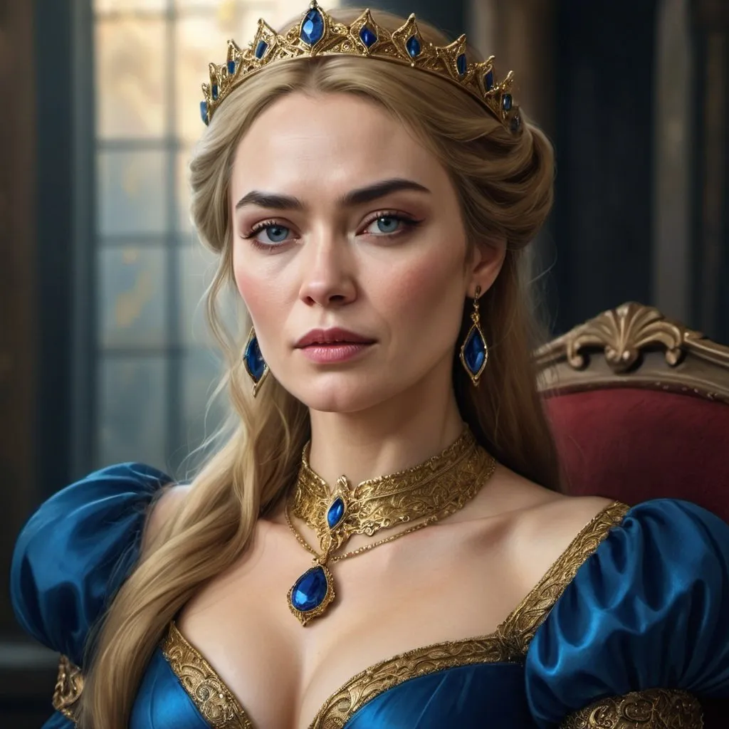 Prompt:  a woman wearing a blue dress and gold jewelry,beautiful fantasy art portrait, beautiful fantasy portrait, portrait cersei lannister sit, elegant cinematic fantasy art, very beautiful fantasy art, beautiful vampire female queen, ((a beautiful fantasy empress)), medieval princess, royal portrait painting, the red queen, beautiful and elegant female elf
