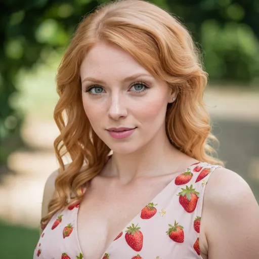 Prompt: a out Standly gorgeous woman beautiful with strawberry blonde hair is posing for a picture she is wearing a dress