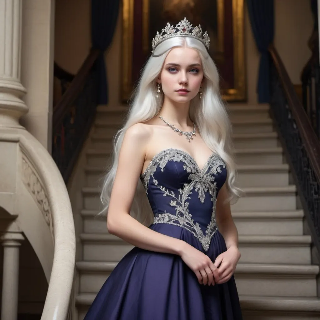 Prompt: A portrayal of a regal looking young woman in her early twenties, with sleek, long white hair, a silver circlet on top of her head, mesmerising violet eyes, high cheekbones, fair skin, narrow waist, slim complexion, wearing an elegant dark navy ball gown with intricate embroidered details, standing on a majestic staircase.