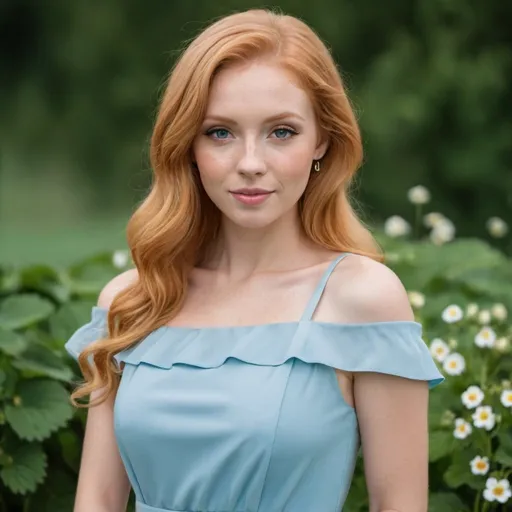 Prompt: a out Standly gorgeous woman beautiful with strawberry blonde hair is posing for a picture she is wearing a light blue dress