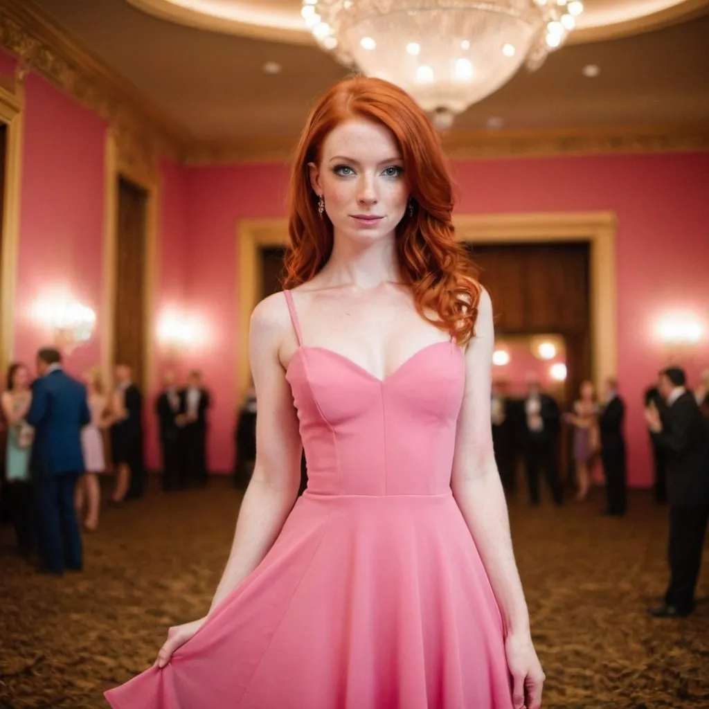 Prompt: out Standly gorgeous red head wearing a pink dress in a ballroom