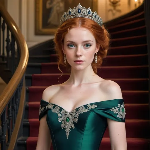 Prompt: A portrayal of a regal looking young woman in her early twenties, with red hair, a silver circlet on top of her head, mesmerising green eyes, high cheekbones, fair skin, narrow waist, slim complexion, wearing an elegant dark navy ball gown with intricate embroidered details, standing on a majestic staircase.